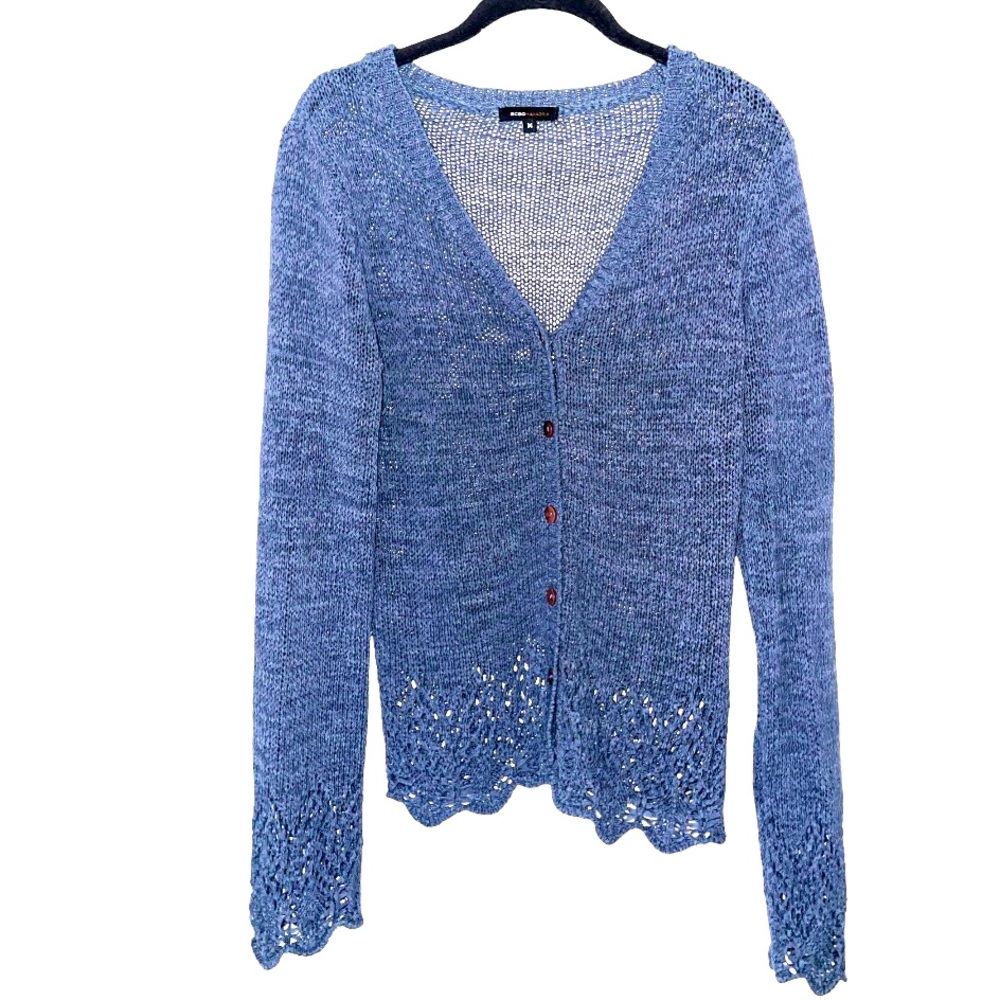 BCBG Max Azria Blue Button Front Knit Cardigan With‎ Lace Hem